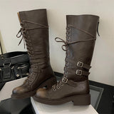 KYLETHOMASW  -  Fashion Punk Style Cross-Strap Low Heels Knee-High Boots Women Belt Buckle Round Toe Zipper Designer Shoes