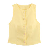 KYLETHOMASW  -  Women Front Button O Neck Sleeveless Yellow Vest Casual Summer Tank Top