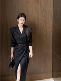 KYLTHOMASW  -   Autumn Retro Sexy Long Sleeve Suit Jacket Shirt+High Waist Slim Slit Hip Wrap Long Skirt Set Black Two Piece Sets Women Outfits