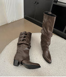 KYLETHOMASW  -  Vintage Belt Buckle Women Knee High Boots Fashion Removable Shoes Autumn Winter Ladies Elegant Thick Heel Knight Long Booties