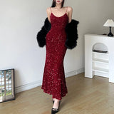 KYLETHOMASW  -  Sexy Sequined Velvet Mermaid Long Dress Party Evening Clubwear Korean Style Elegant V-neck Sleeveless Maxi Dresses New