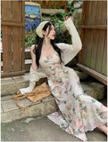 KYLETHOMASW  -  Summer 2PCS Sexy Spaghetti Strap Dress for Women Korean A-line Print Long Dress Slim Fit Temperament Elegant Vacation Dress