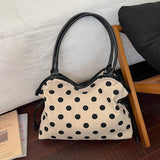 KYLETHOMASW  -  Vintage Black Polka Dot Canvas Tote Bag Leather Handle Drawstring Side Design Large Capacity Daily Shopping Shoulder Handbag