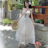 KYLETHOMASW  -  French Vintage Sexy Backless Bow Mesh Spaghetti Strap Dress Chic Summer Beach Fairycore Vestidos Vacation Women Clothing