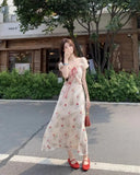 KYLETHOMASW  -  Women's Floral Print Chiffon Maxi Dress Puff Sleeve Square Neck Ruffle Trim Tie Front Long Dress for Summer