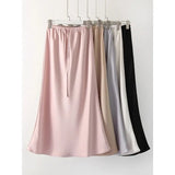 KYLTHOMASW  -  Women Satin Pink Skirt Long Elegant Summer Clothings Silk Fishtail Skirt Elastic Waist Drawstring Skirts For Women