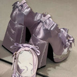 KYLETHOMASW  -  Purple Lolita Platform Lace Heart Bowknot Mary Jane Pumps Woman Summer Blue Sweet Cosplay Pearl Party Chunky Heel Shoes