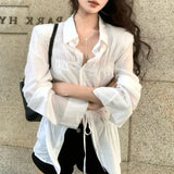 Kylethomasw Vintage Drawstring Pleated Casual Long-sleeved Shirt Women 2024 Summer New Streetwear Polo Collar Solid Color All-match Tops