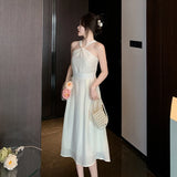 KIylethomasw Beige Chiffon Dress Female Summer Slim Slim Thin Temperament French Senior Sense of Beach Casual Hanging Neck Long Dress