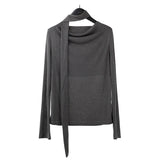 Kylethomasw Vintage Pleated Lace-up Casual Long-sleeved T-shirt Women Autumn New High Street Solid Color All Match Tops