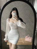 KYLETHOMASW  -  Cocktail Dresses Women Sexy Square Collar Lace Patchwork Puff Sleeve Slim Square Collar Birthday Party Evening Dress