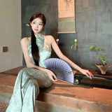 KYLETHOMASW  -  New Chinese Style 2 Piece Set Women's Summer Sleeveless Cheongsam Top Wide Leg Pants Elegant Outfit
