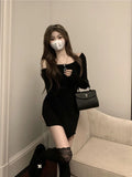 KYLETHOMASW  -  Y2K Knitted Mini Dress Women Streetwear Sexy Off Shoulder Sweater A Line Dresses Christmas Party Korean Bodycon Vestidos