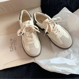 KYLETHOMASW  -  Women Genuine Leather Sneakers Round Toe Flats Mixed Colors Sewing Ladies Fashion Lace-up Shoes Spring Autumn Grey White new
