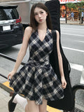 KYLETHOMASW  -  Vintage Y2k Mini Dress Women Casual Plaid Bow Sleeveless Vest Dress French High Waist Streetwear Style Dress 2024 Summer Fashion