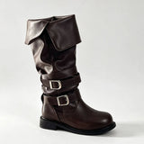 KYLETHOMASW  -  Retro Y2K Slouchy Knee High Boots Women Turn‑Down Folded Cuff Vintage Grey Moto Biker Boots Riding Boot Shoes