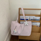 KYLETHOMASW  -  Vintage Frosted Tote Bag Casual Students Purse Large Capacity Shoulder Bag Polka Dot Drawstring Zipper Handbag with Star Pendant