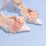 Kylethomasw Lolita Brode Shoes 2024 New Pearl Rhinestone Pink High Heels for Women Sweet Flower Knot Bridal Wedding Shoes