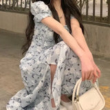 KYLETHOMASW  -  Women Summer Fashion Floral Print Square Collar Lace-up Elegant Party Dresses Sweet Chic Short Sleeve Slim Fairy Midi Dress Robe