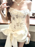KYLETHOMASW  -  French Hottie Vintage Elegant Women 2 Piece Set Y2k  Design Lace Tops + Chic Bow Mini Skirt  Female Princess Party Dress Outfits