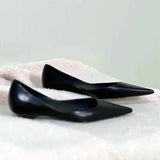 KYLETHOMASW  -  Sexy Pointed Toe Leather Flat Shoes Women Tapered Low Heel Pumps Black Shallow Mouth Design Comfort Casual Office Shoe for Women