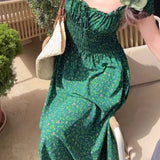 KYLETHOMASW  -  Green Floral Print Long Dresses Spring Summer French Style Vintage Women Dress Elegant Fashion Spring Summer Vestidos Mujer