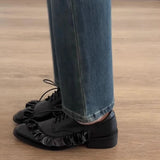 KYLETHOMASW  -  Black Soft Leather Lace-up Loafers Women Fashion Pleated Design Brand Low Heel Pumps Cozy Commuter Office Shoes Zapatos De Mujer