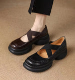 KYLETHOMASW  -  Leather Shoes for Women's Spring and Autumn New Cross Belt Genuine Leather Pumps for Women Thick Soled Mary Jane Shoes
