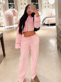 Kylethomasw Spring Pink 2-Piece Set Woman Lapel Long Sleeves Single Breasted Shirts Casual Crop Tops Female High Waist Wide Leg Pant