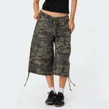 KYLETHOMASW  -  American Retro Cargo Denim Shorts Vintage Camouflage Print Loose Drawstring Short Pants Y2k Aesthetic Cyber Grunge Streetwear