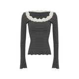 KYLETHOMASW  -  Korean Style Lace Splice Striped Long Sleeve Women's T-shirt Slimming Base Layer Shirt Beautiful Top for Autumn New Arrival