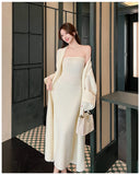 KYLETHOMASW  -  Women's Dresses Sets Solid V-Neck Long Cardigan+Waist Retraction Strapless Dress Sexy Elegant Knitted Two-Pieces Lady's Clothing