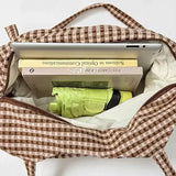 KYLETHOMASW  -  Women Cute Plaid Canvas Tote Bag Star Patch Shoulder Handbag Large Capacity Casual Student Shopping Bag Side Drawstring Design