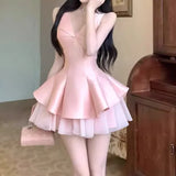 KYLETHOMASW  -  Elegant French Sleeveless Dress Women's Summer V-neck Halter Skirt Puffy A- line Mini Skirt Polyester Fiber Empire Waist