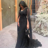 Kylethomasw Said Black Arabic Mermaid Evening Dresses with Cape Sleeves 2024 Luxury Beaded Dubai For Women Wedding Party Gowns SS218