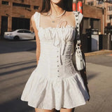 KYLETHOMASW  -  Sexy White Emboridery Flower Bow Ruched Chest Elastic Strap Mini Tank Dress Low Waist Spliced Folded Swing Women Sleeveless Robe