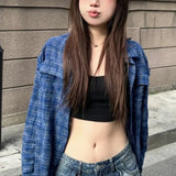 Kylethomasw Polo Collar Contrast Color Plaid Loose Casual Long-sleeved Shirt Women 2024 Summer New High Street Fashion Frayed All Match Tops