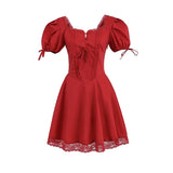 KYLETHOMASW  -  Women Lace Spliced Party Mini Vintage Dresses Puff Sleeve V Neck Low Waist A-line Summer Dress Lace Up Birthday Robe