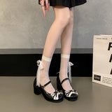 KYLETHOMASW  -  Sweet Lolita Butterfly-knot Women Mary Jane Shoes Concise Mid Heel Patent Leather Dress Shoes Cosplay Party Daily Wear Pumps