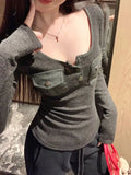 Kylethomasw Y2k Gray Long Sleeve T-shirts for Women White Knitted Base Shirt Pockets Safari Style Slim Low O-neck Autumn Clothes New