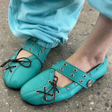 KYLETHOMASW  -  INS Hot Sale Women Retro Mary Jane Shoes Y2K Lace‑Up Round Toe Flat Shoes Metal Eyelet Rivet Design Casual Ballet Flats