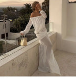 KYLETHOMASW  -  Women's White Off Shoulder Sheer Chiffon Beach Dress Long Sleeve Flowy Asymmetric Cover Swimwear