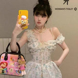 KYLETHOMASW  -  Spring Fashion Miu Style Dopamine Waist-Cinching Cat Print Bubble Hem Cami Dress for Women Female Lady Cute Summer Mini Dress