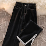 Kylethomasw Korean Chic Lace Slit Jeans Women Pants Vintage High Waist Oversize Wide Leg Trousers Ladies New Ins All Match Streetwear Denim