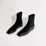 KYLETHOMASW  -  Flat Bottom Knee High Sock Boots Women Pointed Toe Stretch Fabric Long Booties Ladies Autumn Winter British Style Work Boots