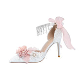 Kylethomasw Lolita Brode Shoes 2024 New Pearl Rhinestone Pink High Heels for Women Sweet Flower Knot Bridal Wedding Shoes