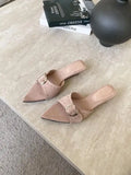 KYLETHOMASW  -  Shoes Woman 2025 Pointed Toe Slippers Summer Rivet Luxury Slides On A Wedge Low Flock Designer Rome Hoof Heels Fabric Rubber Fas