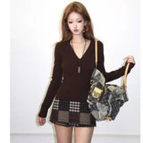 KYLETHOMASW  -  Autumn Sexy Spicy Girl Low Waist Skirt Women Plaid Patchwork Mini Skirts Fashion High Street Wrapped Skirt 775AWith Shorts
