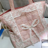 KYLETHOMASW  -  Sweet Lovely Pink Bow Tote Bag Women Lace Patchwork Plaid Large Capacity Shoulder Bag Ladies Fashion Versatile Underarm Bag Chic