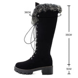 KYLETHOMASW  -  Lace-up Winter Shoes Women Snow Boots Real Fur Boots Women Knee High Suede Thick Heel Warm Outdoor with Zip Big Size 43